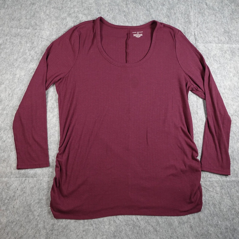 Lane Bryant Top Women 18/20 Burgundy Ribbed Ruched Side Scoop Neck Stretch